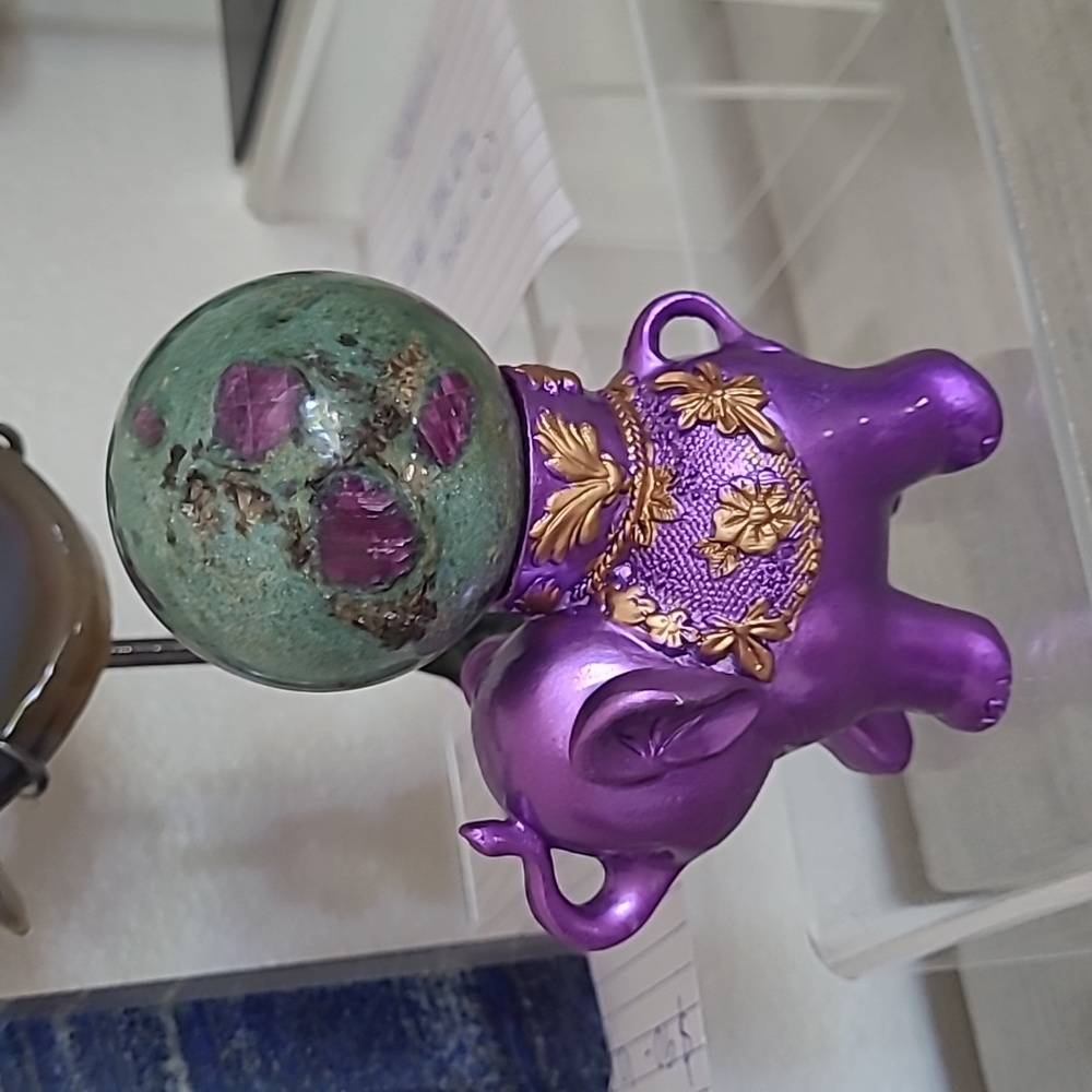 54MM Ruby Fuchsite HQ Sphere, Pink/Red UV on Stand